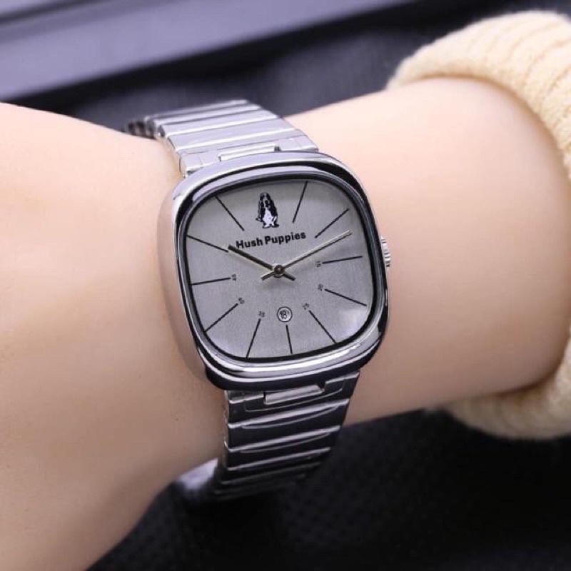 (GOOD QUALITY) Jam Tangan Wanita/Cewek Hush Puppies Segi Full Stainless Tanggal Aktif-F (FULL SILVER)