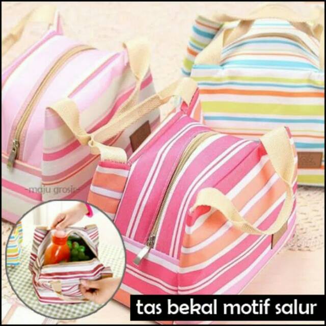 Lunch bag cooler bag motif salur/garis tas bekal makanan panas dingin tas bekal anak