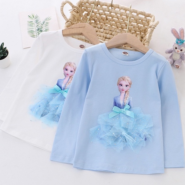 Atasan Frozen Elsa Anak Perempuan Katun Lengan Panjang Motif Kartun Karakter Import Grosir