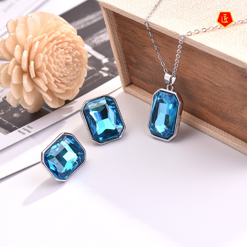 [Ready Stock]New Inlaid Topaz Sea Blue Gem Stud Earrings Necklace Set