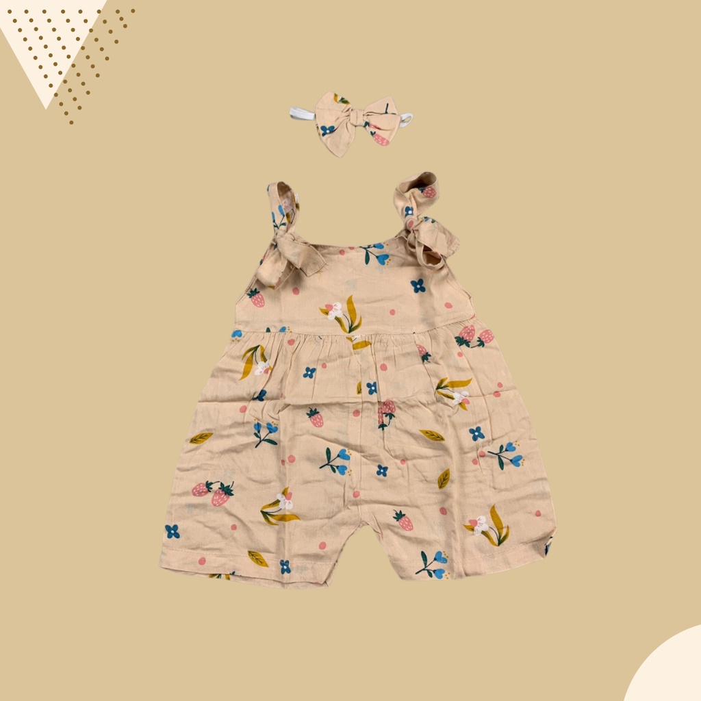 6-18 BLN JUMPSUIT BAYI TALI CHIKA BAJU BAYI PREREMPUAN FREE HEADBAND by BAJUANAKKANAYA-Tan strowbery flower