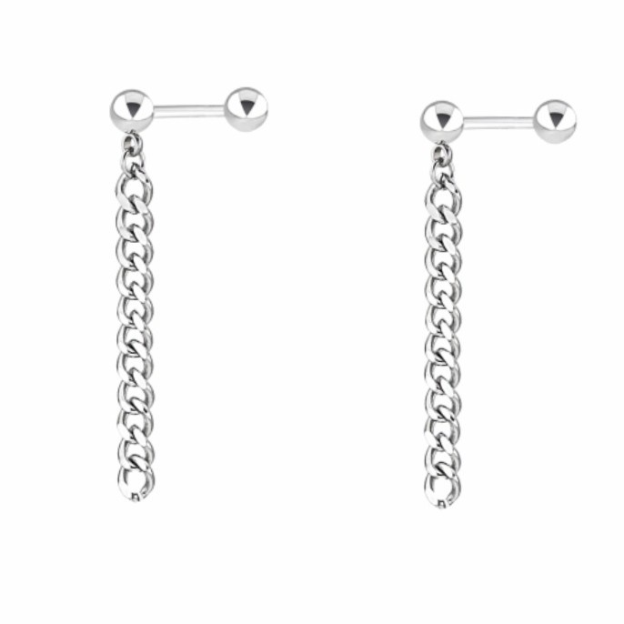 Anting Pria Wanita Panjang Hitam Silver Titanium Surgical Steel 2pcs