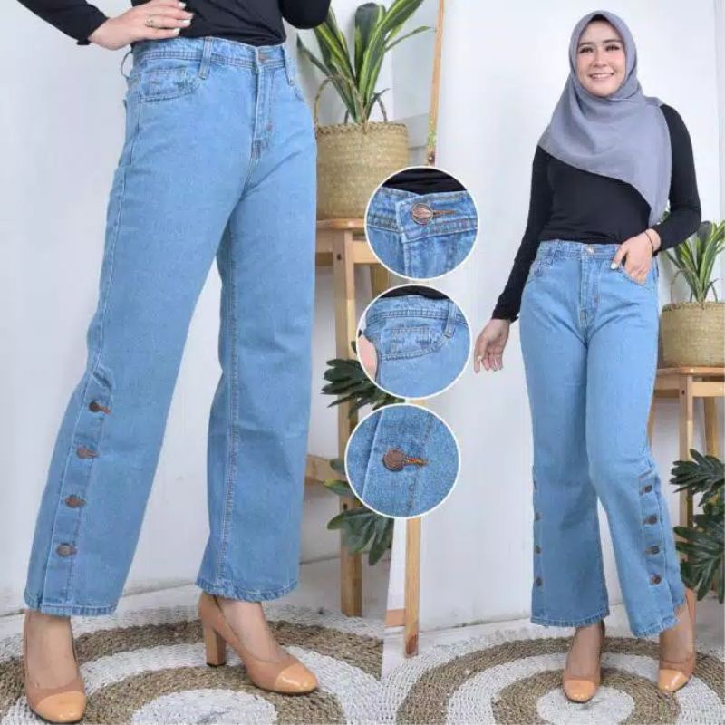 Boyfriend Jeans Wanita Denim Kancing Kaki