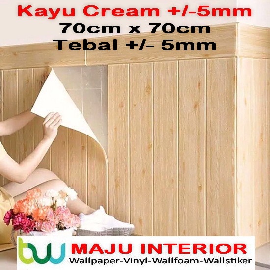 Wallpaper 3D Bata 70x77 cm Walpaper Dinding 3D Brick Foam Motif Anak Doraemon Hello Kitty Stiker-Kayu Cream 5mm