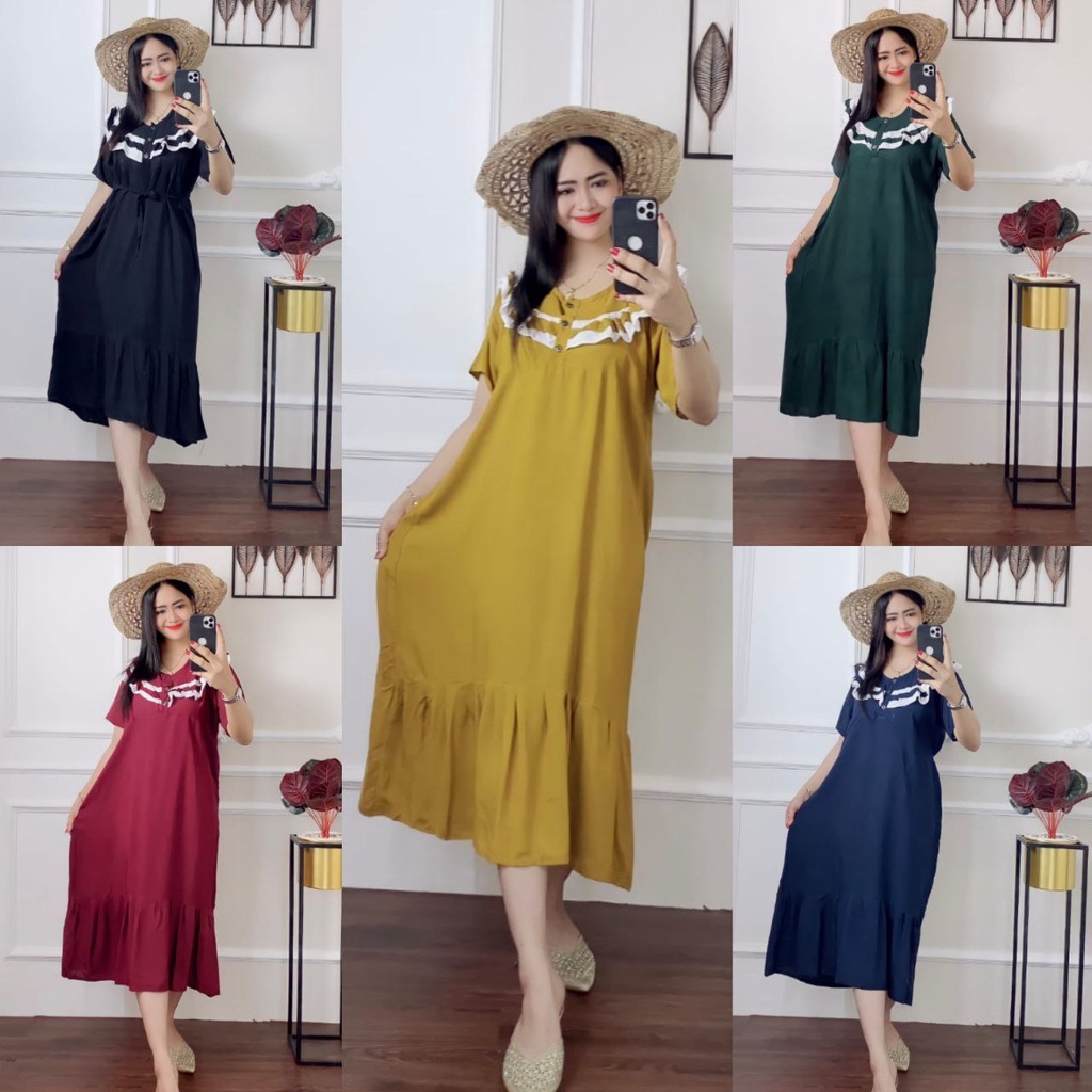 Midi Dress Rulffe Elyssa || Daster Baju Wanita Selutut || Kancing Depan Busui || Rayon Super Grade A