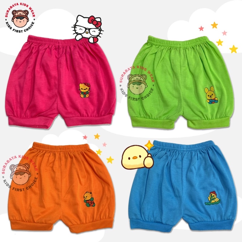 Celana Pendek Anak / Bayi Katun Polos Warna Stabilo Bordir Animal