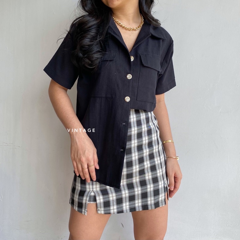 KEMEJA WANITA CASUAL POCKET TOP KEMEJA WANITA POLOS BASIC MURAH-Black