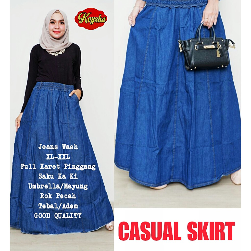 rok panjang pecah denim casual skirt umbrella jeans wash