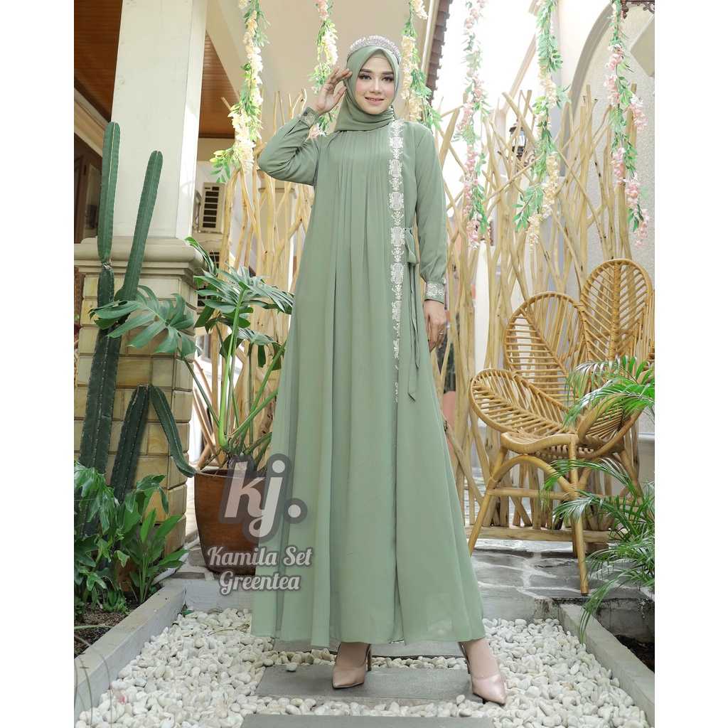Gamis Pesta / Gamis Kondangan / Gamis Ceruty  Bordir Kamila Set Pahmina KM