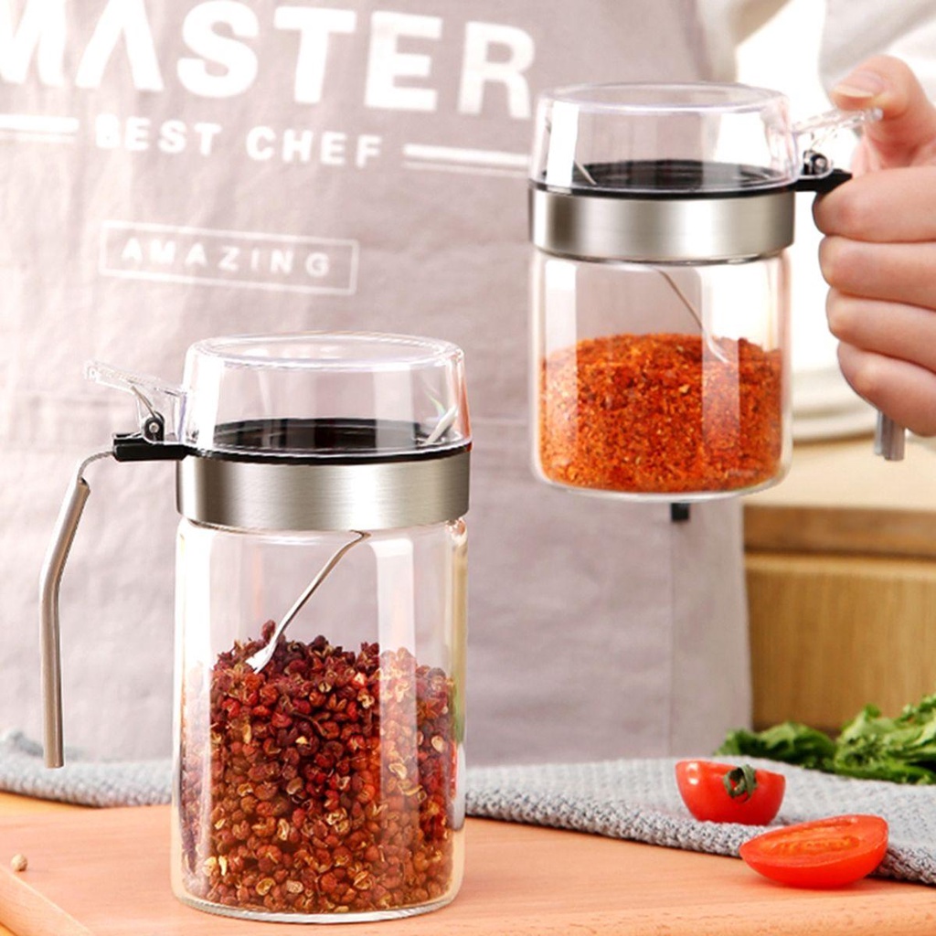 [Elegan] Toples Bumbu Garam Gula Dengan Sendok Organizer Stainless Steel Anti-Moisture Condiment Pot