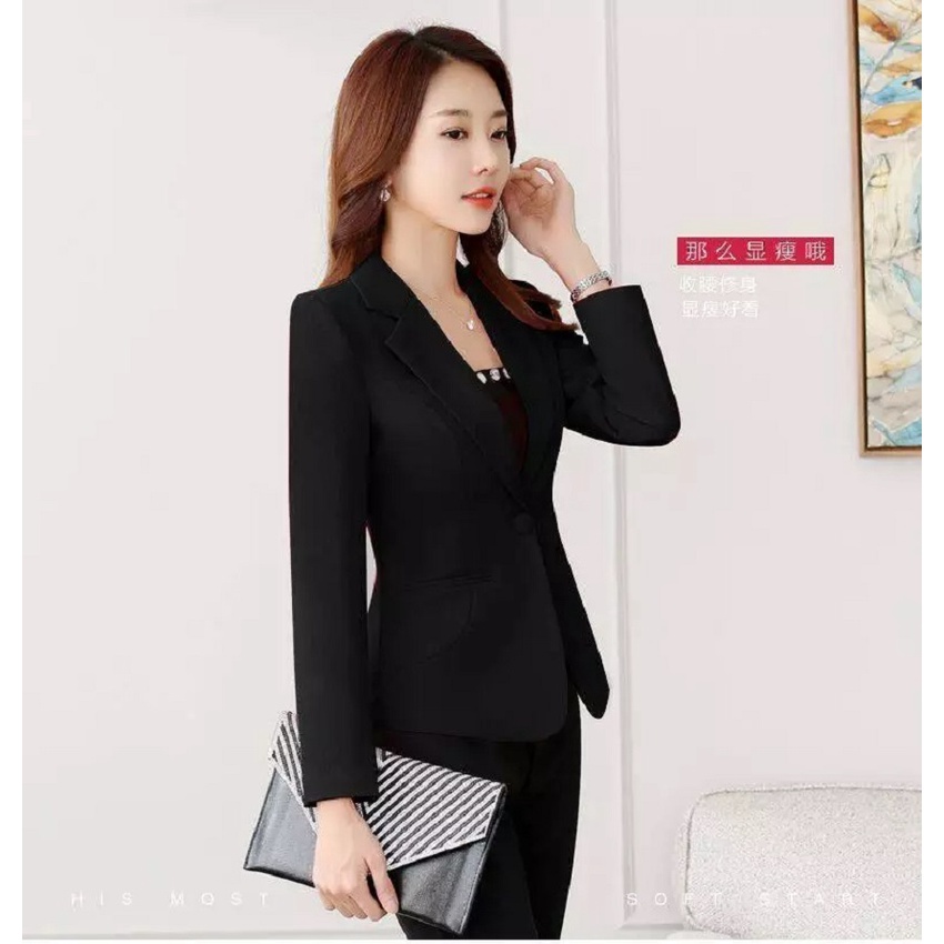 BLAZER KOREA WANITA STYLE BLACK SLIMFIT HIGH QUALITY TWIST FULL FURING DALAM