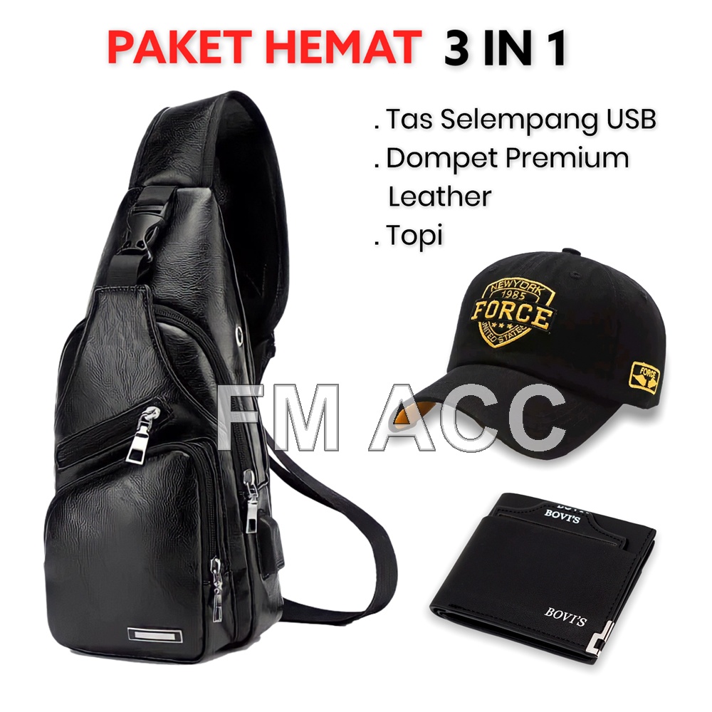 Tas Selempang Waisbag Slempang USB Kulit Sintesis Import+Dompet Pria Lipat Pendek Plus Topi Pria