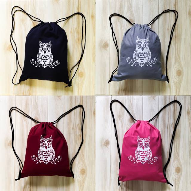 STRINGBAG tas ransel serut sablon bahan drill halus motif CUTIE OWL || Kiiyoomii ||