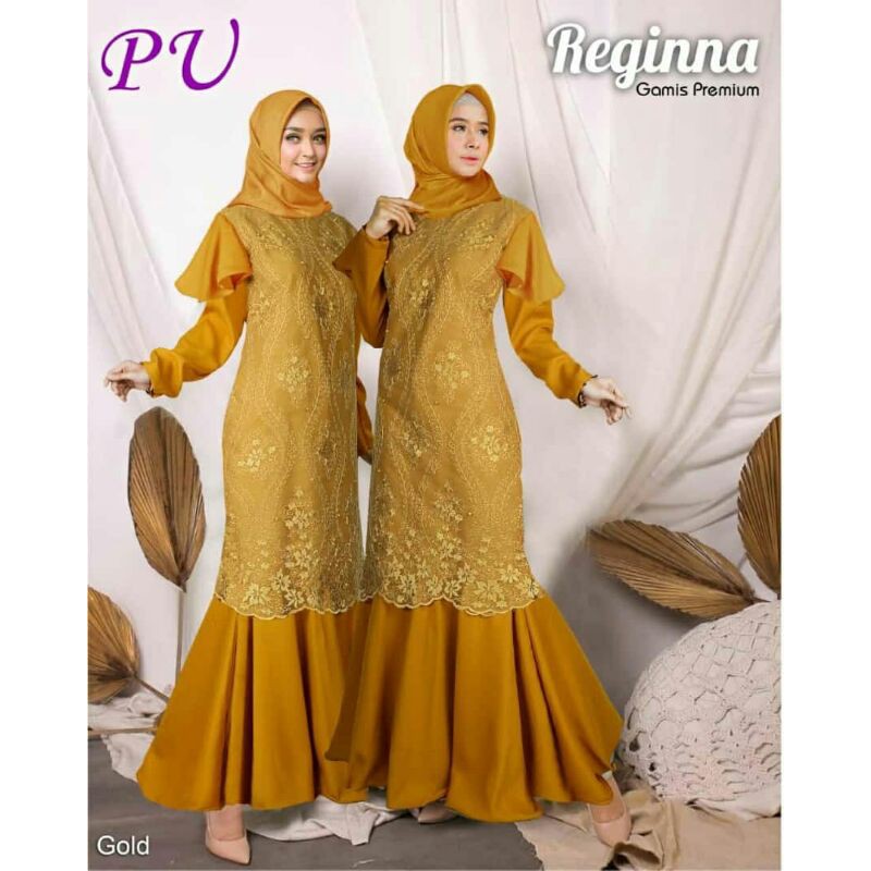 Reginna Maxy warna gold pink hijau botol gamis pesta mewah bahan Moscrepe import mix tile bordir gli