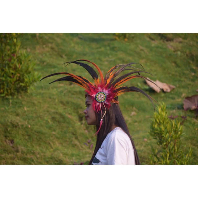 TOPI INDIAN - INDIAN HEADDRESS BANDO BULU AYAM ORANGE DAN MERAH