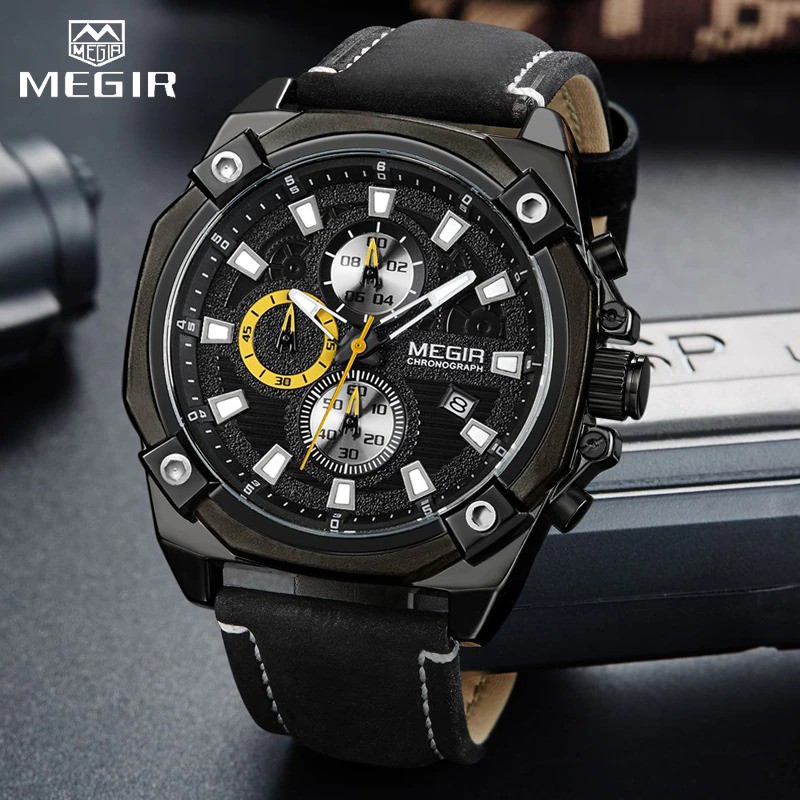 COD - JAM TANGAN FASHION PRIA MEGIR 1458 TL TANGGAL AKTIF TALI KULIT CHRONO FREE BOX ORI & BATERAI