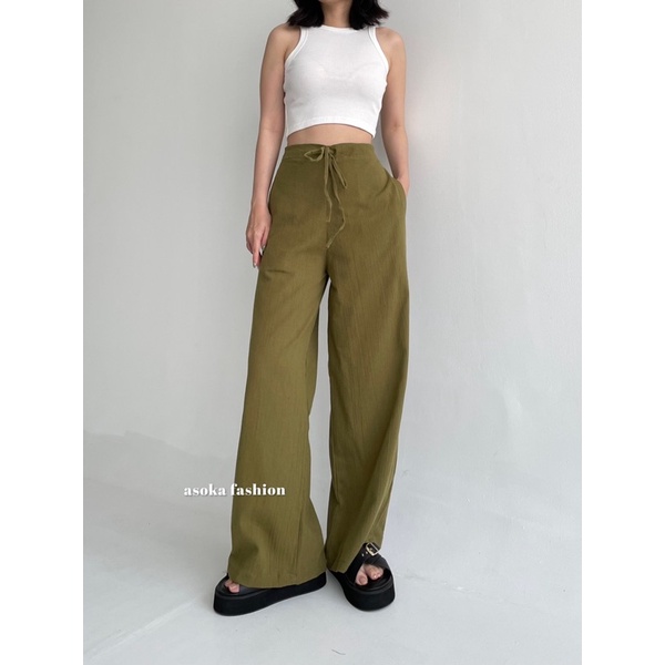 ASOKA Rachel Pants 2431 - Celana Highwaist Tali - Celana Linen Crinkle - Kulot Casual