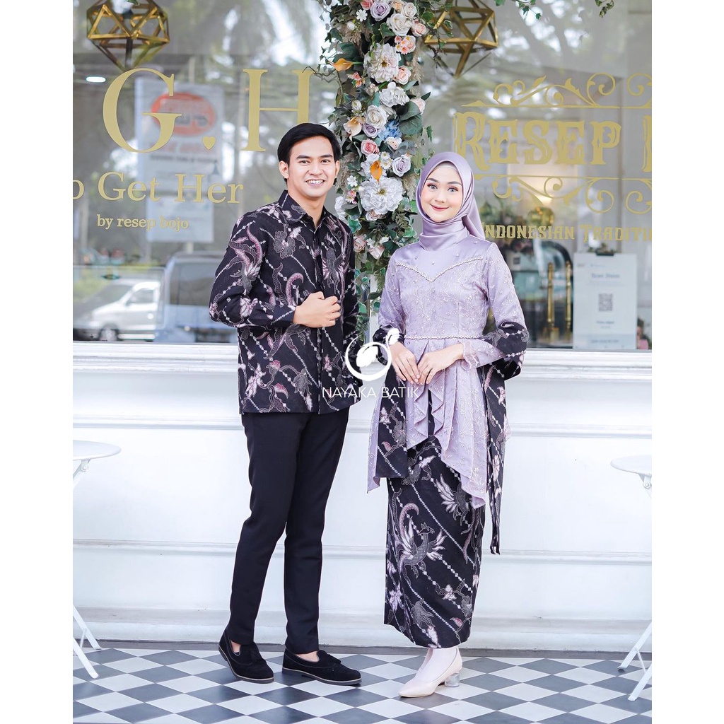 Batik Couple Zeline Kebaya Modern - Set Kebaya Couple Tunik Brokat Tulle Mutiara Premium - Set Kebaya Lamaran Tunangan - Set Baju Seserahan - Kebaya Bridesmaid Laffeya Tuniki