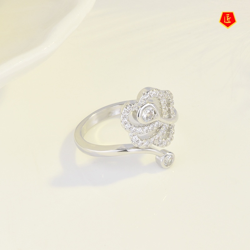 [Ready Stock]Creative Simple Full Diamond Feather Opening Ring