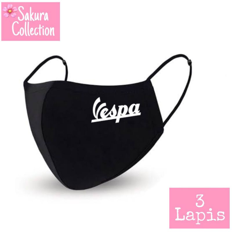 Masker kain 3 lapis earloop - LOGO TULISAN VESPA / masker scuba anak dewasa / masker hitam 3 ply