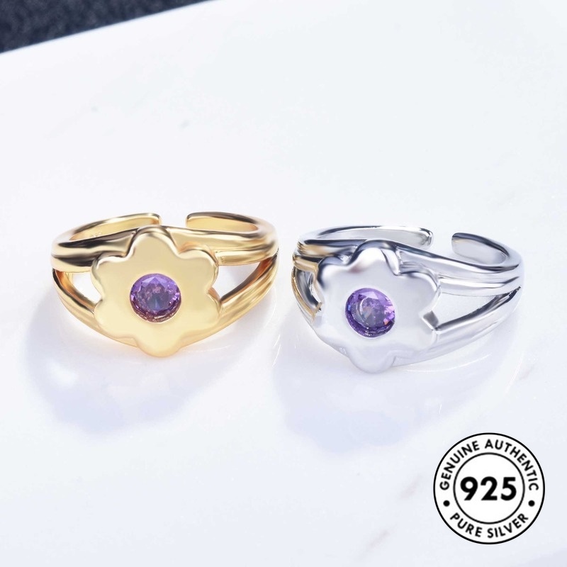 Cincin Sterling Silver 925 Model Terbuka Motif Hati + Bunga Dengan Berlian Imitasi Untuk Wanita