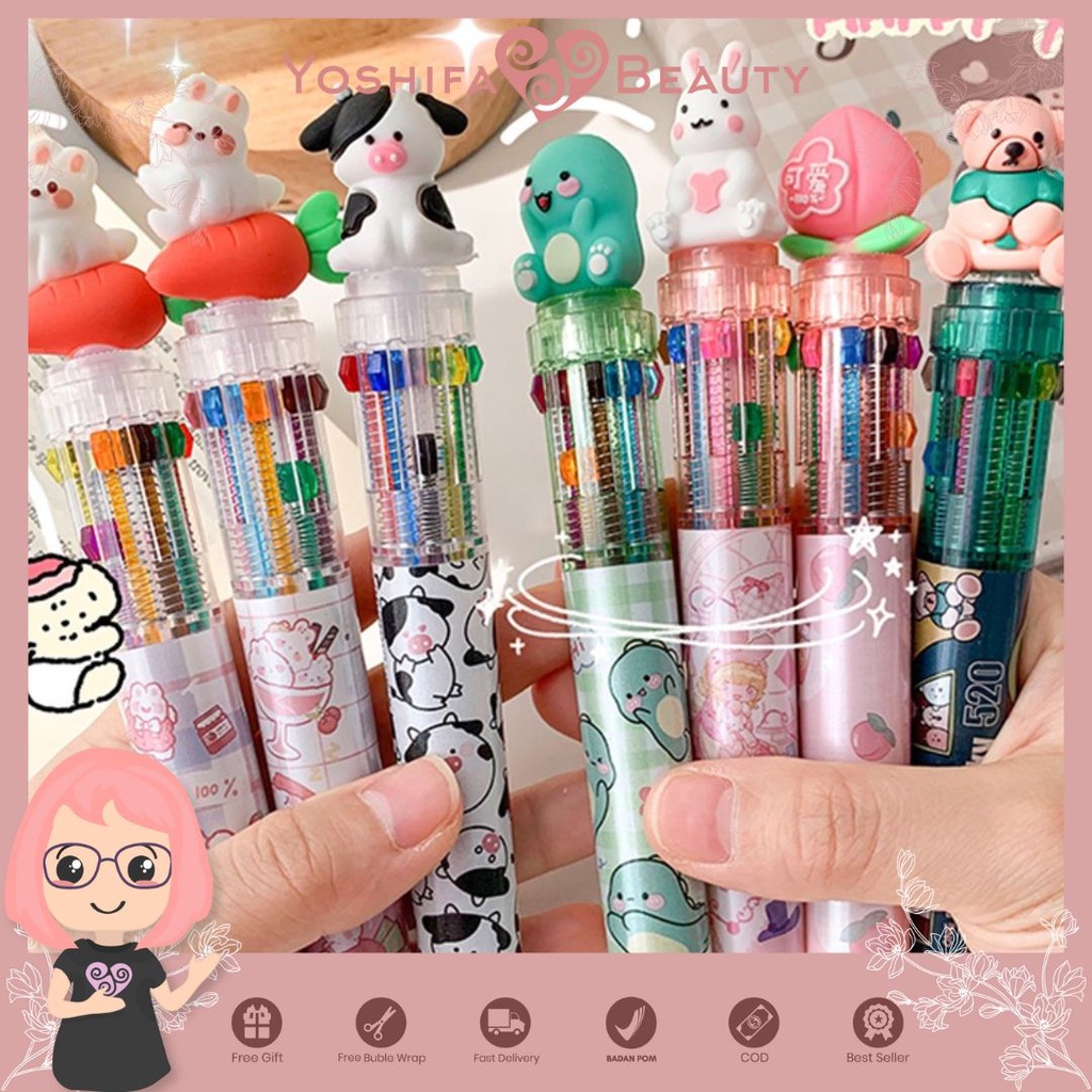 Pulpen 10 Warna Motif kartun Bear Pena Warna Warni | Pulpen 10 Warna Bentuk Kartun Beruang Lucu Untuk Sekolah  Kantor | Bolpoin | Pulpen Retracablee 10 warna 0,5 mm Bunny, Dino, Cow