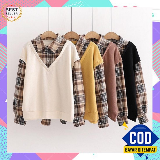 Korean Style Pakaian Wanita Kekinian Import Lengan Pendek Kemeja Wanita P3B5 Ootd Lengan Panjang Cas