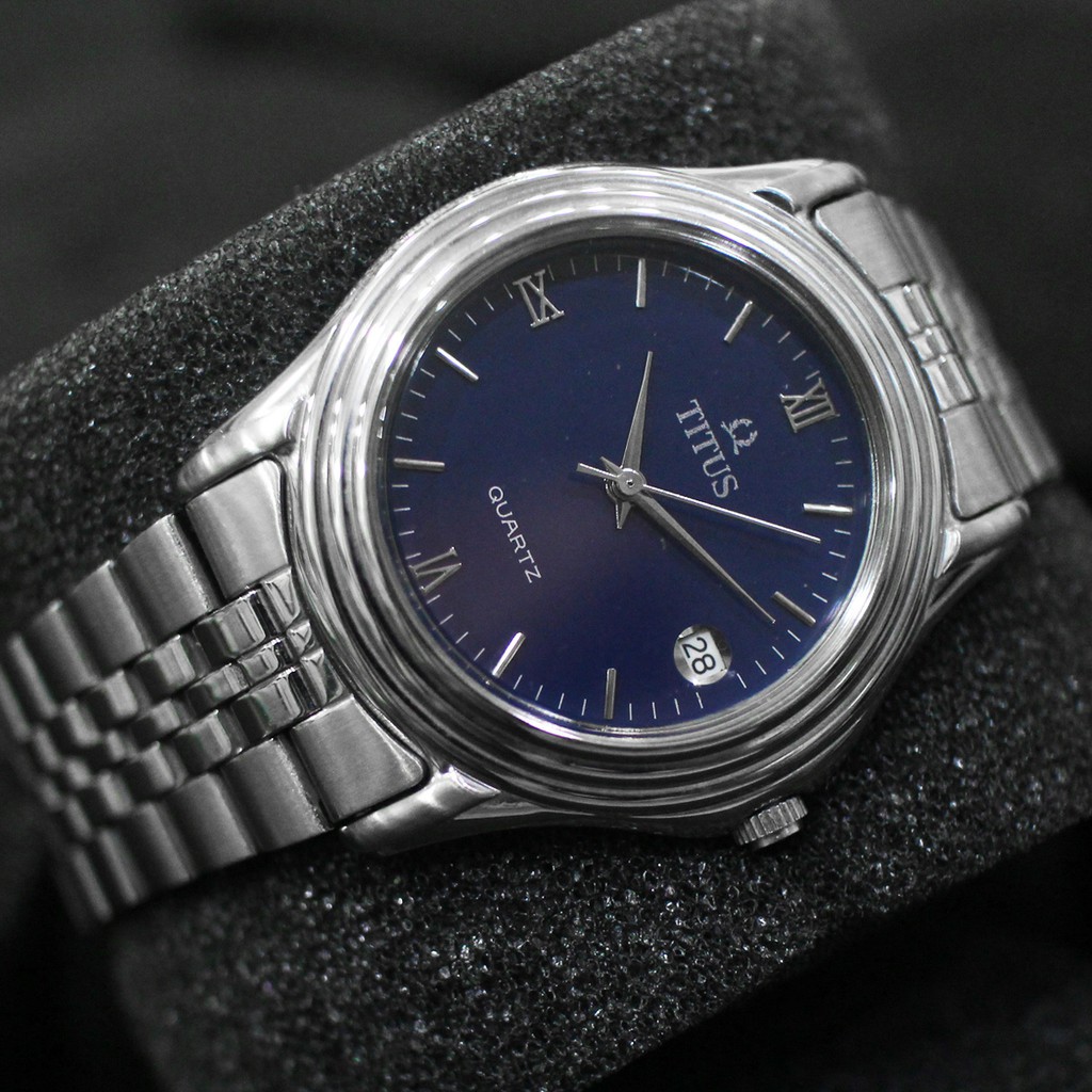 Jam Tangan TITUS Pria & Wanita Vintage Klasik Stainless Steel Plat Biru Display Tanggal