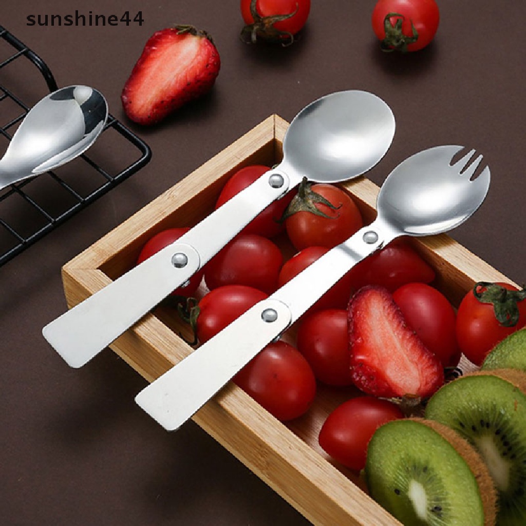 Sunshine Sendok Garpu Lipat Portable Bahan Stainless Steel Untuk Camping / Travel