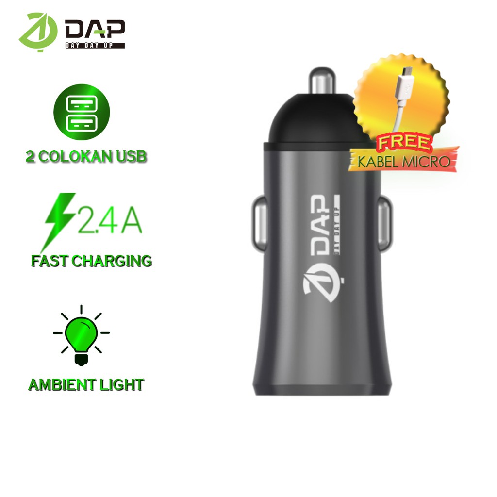 Car Charger - Motor Charger Free Kabel Micro Colokan Mobil 2 Ports 2.4A DAP Black Grey – D-CC2N Garansi 1 Tahun