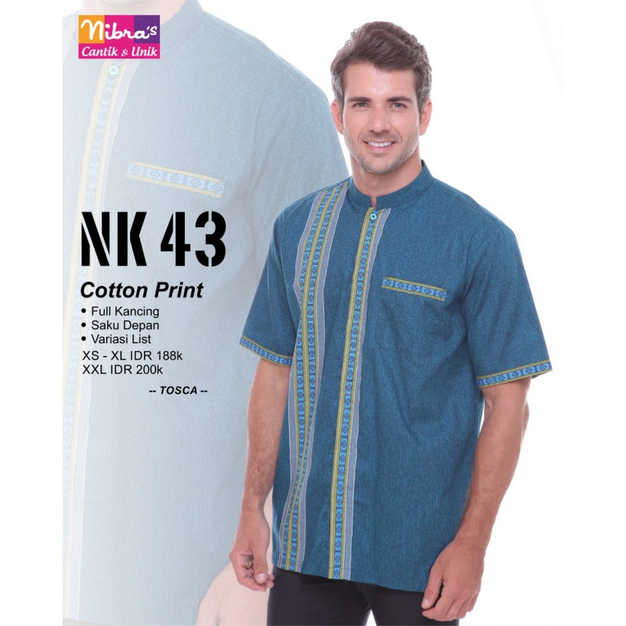 NIBRAS KOKO MUSLIM NK 43 TOSKA BAHAN COTTON PRINT LENGAN PENDEK TERBARU FULL KANCING