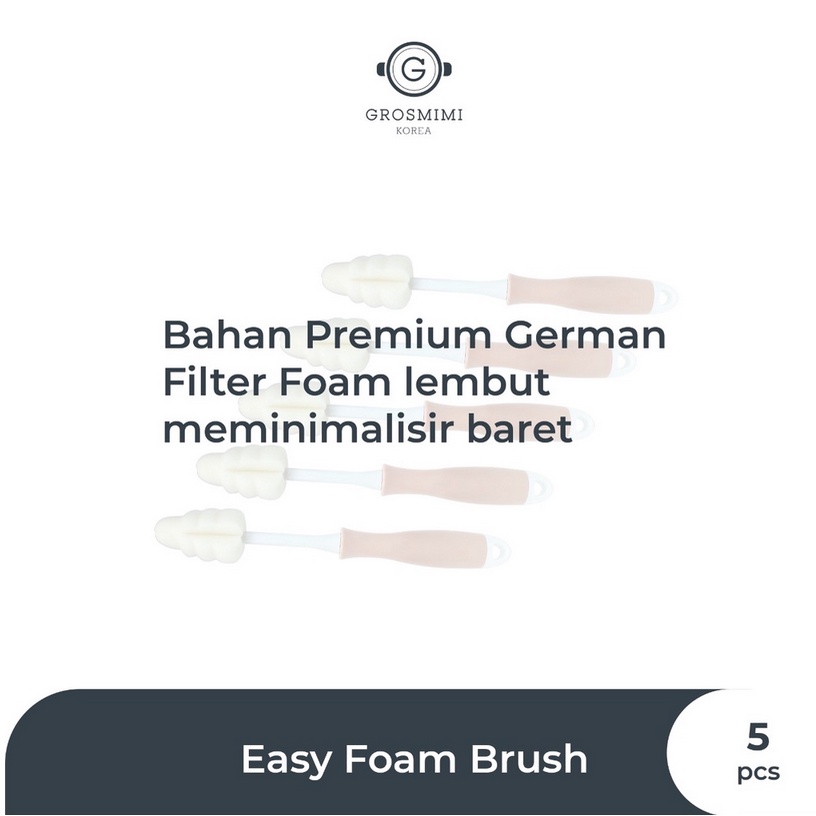 Grosmimi Easy Foam Brush Bottle &amp; Teat (5pcs) - Sikat Botol Minum Susu Anak Bayi Soft Pembersih Aksesoris