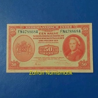 ZN1241. Uang Kuno 50 Cents Gulden NICA Nederlansche Indie Tahun 1943