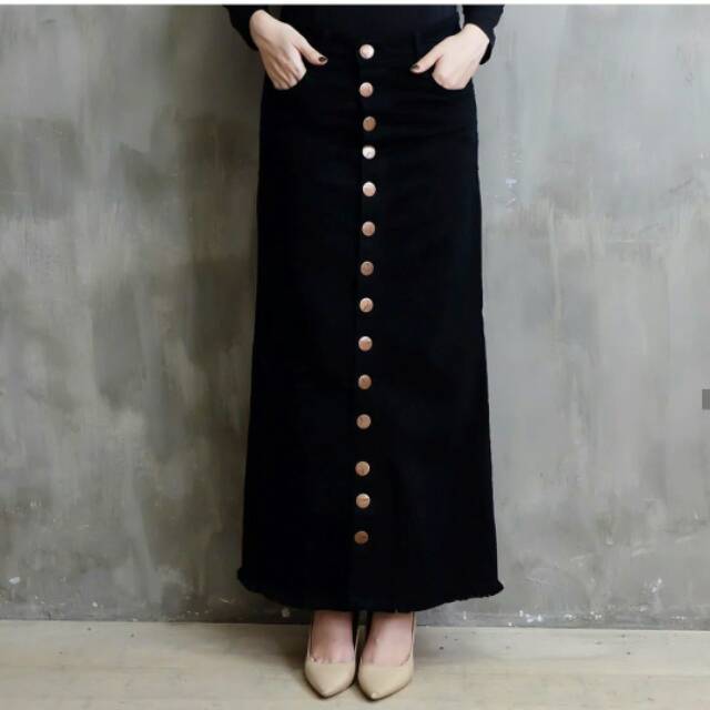 Rok jeans kancing panjang hitam | rok rawis hitam | rok kancing depan panjang hitam