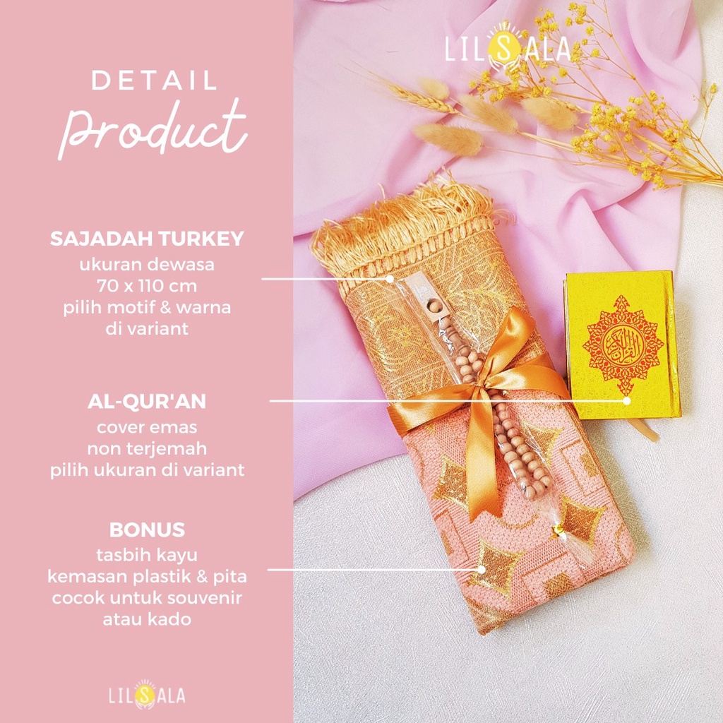 [ARTQ] Paket Sajadah + Tasbih Kayu + Al Quran Saku souvenir tahlilan oleh-oleh haji tahlil parcel