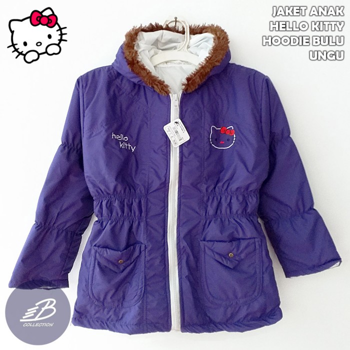 Jaket Hello Kitty Anak Perempuan Parasut Tebal Kerut Hoodie Bulu XXL - Ungu, 6-10 tahun