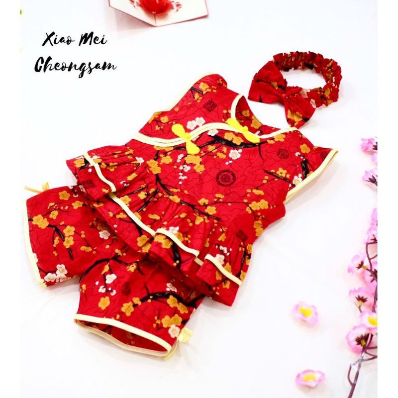 SETELAN IMLEK ANAK PEREMPUAN DRESS CHEONGSAM BABY DRESS / Baju setelan atasan cheongsam celana free bandana imlek XIAO MEI MEILI sincia fashion anak bayi perempuan cewek free bando