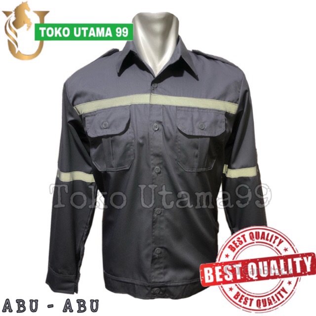 Baju Safety Abu Abu Plus Logo Safety Dan Bendera - Baju Proyek Abu Abu Plus Logo Safety Dan Bendera