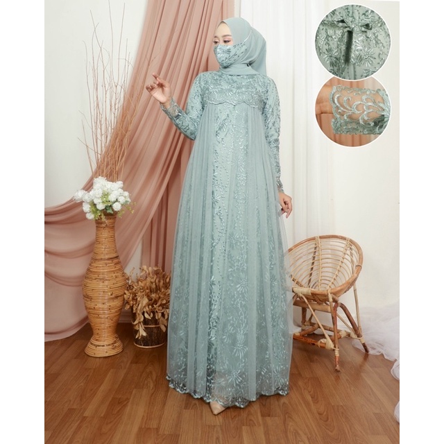 (COD)Gamis Pesta / Gamis Tille Brokat / Dress Salendang / Gamis Tille Selendang / Gamis Pesta Terbar