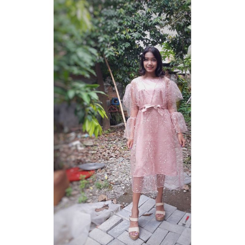 Amanda Cantika Party Dress/ Setelan Outer Cardigan Kombinasi Dress Pesta Silk Tulle mutiara