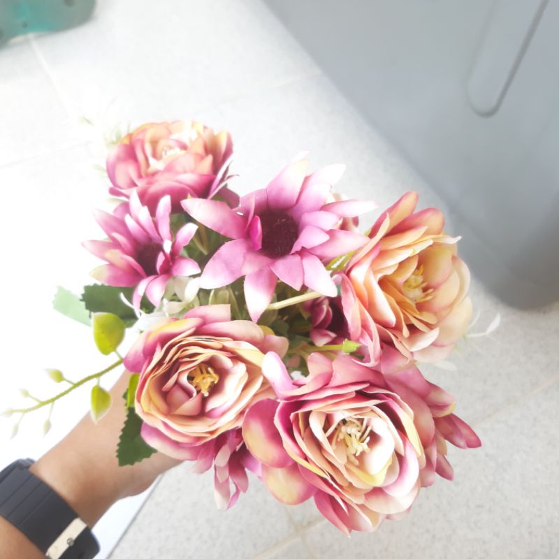 BUNGA TANGKAI MAWAR ALBA - rose peony daisy putih biru ungu salem bunga artificial palsu-Ungu salem