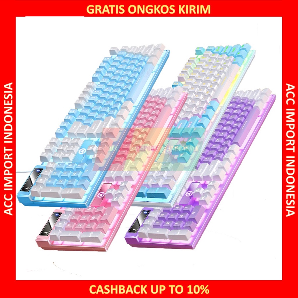 Keyboard Gaming LED RGB K500 Wired Kabel Pink Macaron Cute PC Laptop