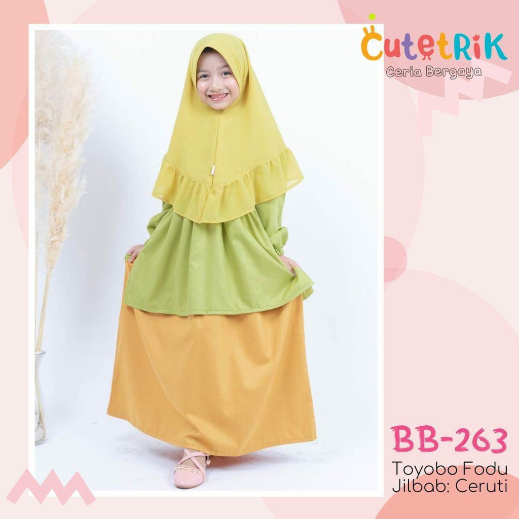 SET GAMIS HIJAU ORANGE MERK CUTETRIK KODE BB 263 USIA 3 SAMPAI 5 TAHUN BAHAN TOYOBO FODU