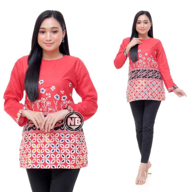tey-17 Batik wanita ASJ SA HRB026 Kenongo Kemeja Tosca Pendek-Sinaran merah