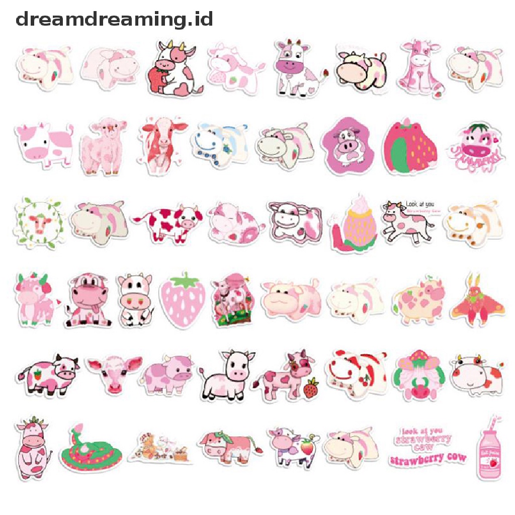 (dreamdreaming.id) 50pcs / Set Stiker Motif Kartun Strawberry / Sapi Untuk Dekorasi Laptop / Skateboard / Koper