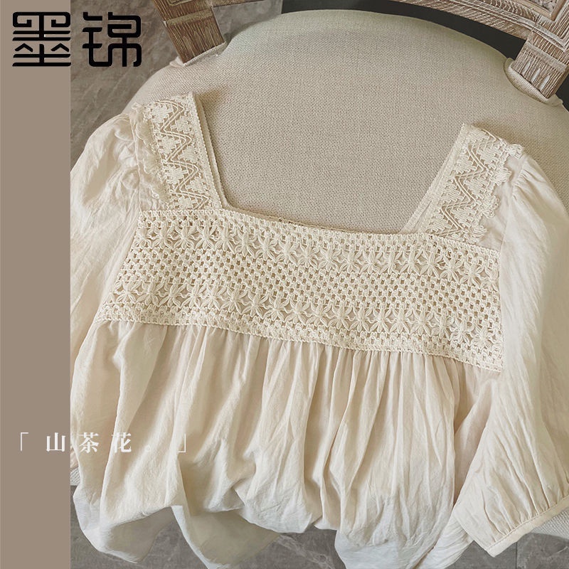 i.looks - Atasan Wanita Putih Blouse Kombinasi Renda Kerah Persegi Puff Sleeve