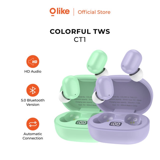 Olike TWS Colorful Bluetooth Headset Bluetooth 5.0 Ultra HD Audio Garansi Resmi 1 Tahun Touch Sensor CT1