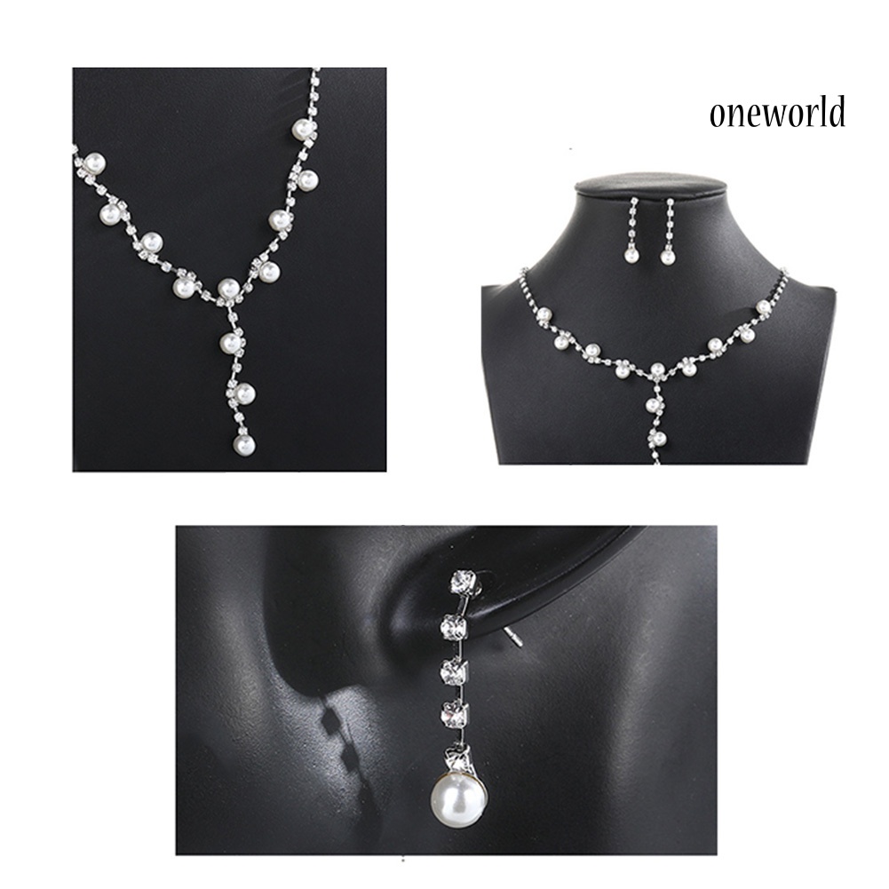 OW@ Fashion Women Rhinestone Faux Pearl Pendant Necklace Stud Earrings Jewelry Set