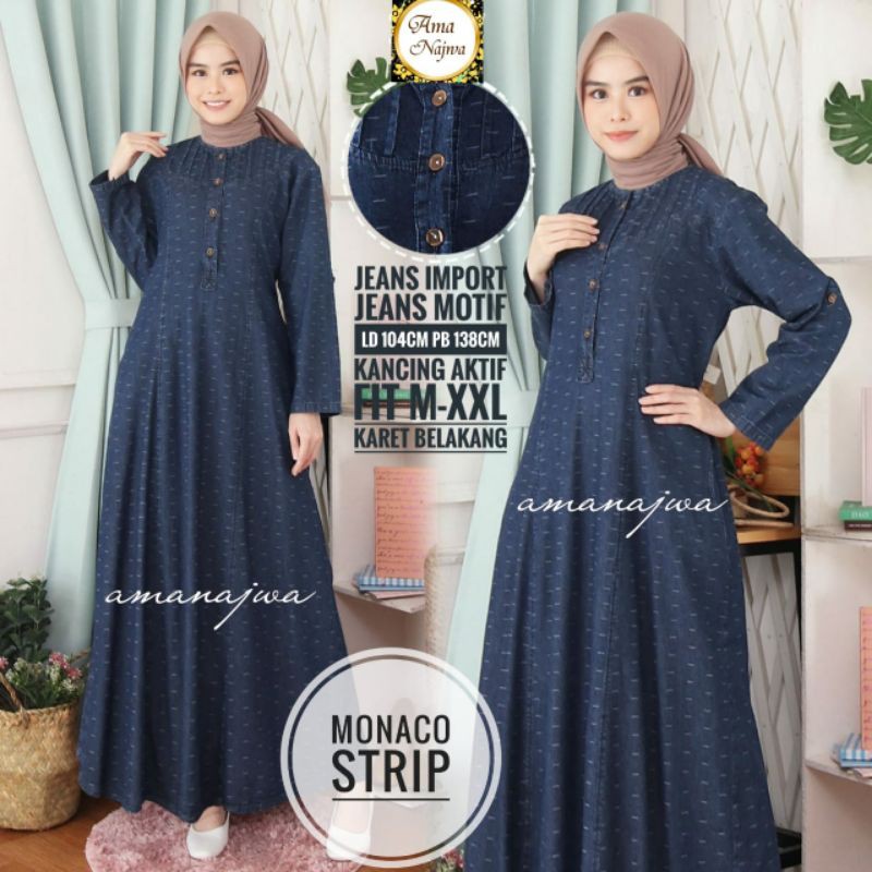 Gamis Jeans Import Motif, Ld 104cm Pb 138cm Kancing Aktif, Karet Belakang