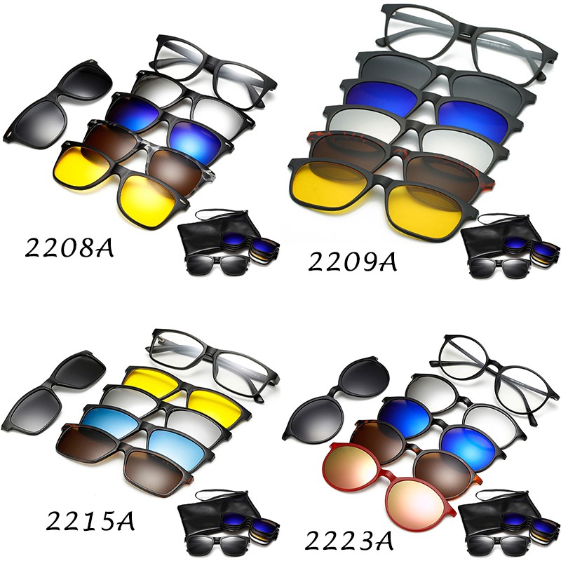 (YUZHU) Kacamata Hitam 6 In 1 Lensa HD Polarized Dengan Klip on Magnetik Tempat Dari Kulit